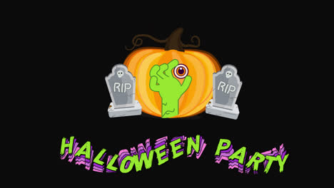 Halloween-party-text-animation,-pumpkin,-grave,-transparent-background